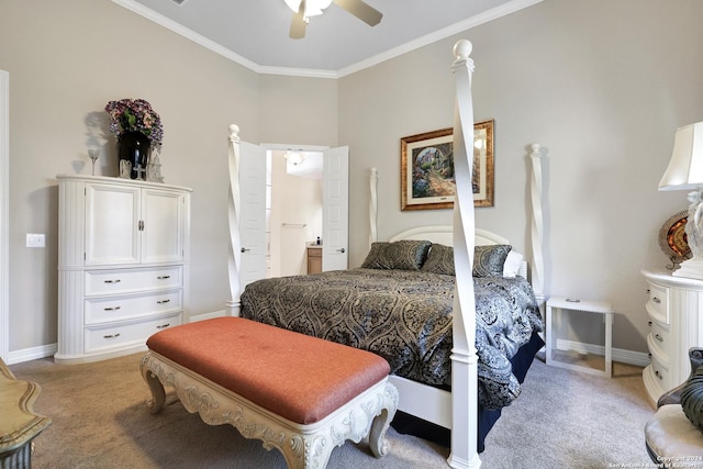 bedroom with connected bathroom, light carpet, ceiling fan, and ornamental molding