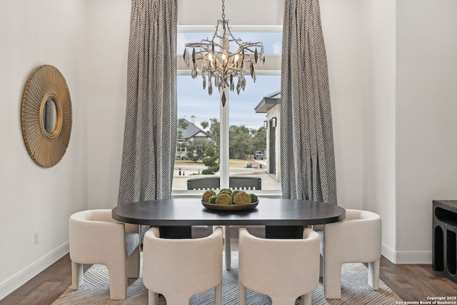 dining area featuring a notable chandelier and wood-type flooring