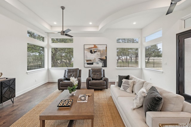 living room featuring ceiling fan and dark hardwood / wood-style flooring