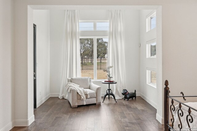 sitting room with dark wood-type flooring