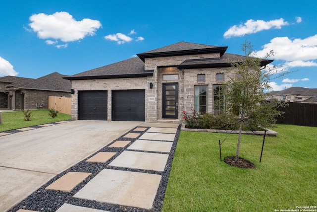 prairie-style home with a garage and a front lawn