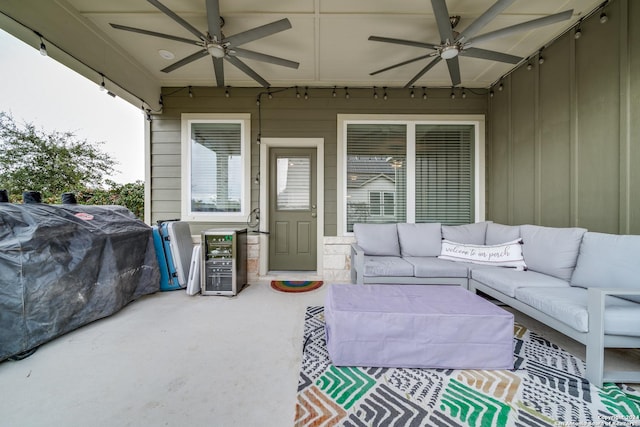 view of patio / terrace featuring ceiling fan, grilling area, and outdoor lounge area