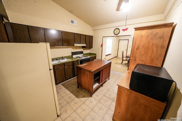 kitchen with white refrigerator, sink, electric range oven, vaulted ceiling, and dark brown cabinets