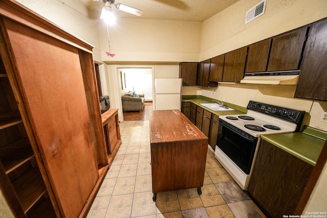 kitchen with range with electric stovetop, a kitchen island, white refrigerator, ceiling fan, and sink