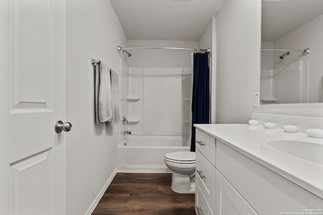 full bathroom with toilet, vanity, shower / bath combination with curtain, and hardwood / wood-style flooring