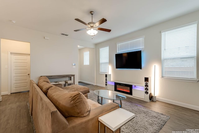 living room with hardwood / wood-style floors, ceiling fan, and a healthy amount of sunlight