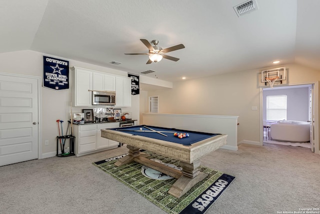 recreation room featuring ceiling fan, lofted ceiling, light carpet, and pool table