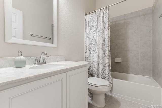 full bathroom with shower / bathtub combination with curtain, tile patterned flooring, vanity, and toilet