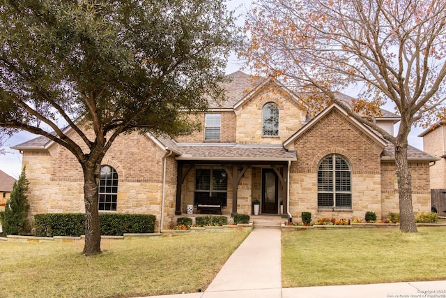 traditional-style home featuring brick siding, stone siding, covered porch, and a front yard