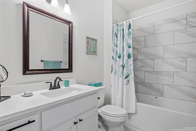 full bathroom featuring toilet, shower / tub combo with curtain, and vanity