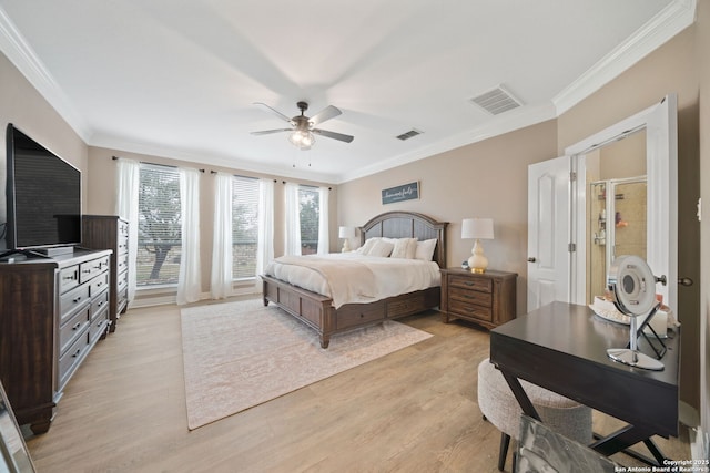 bedroom with ceiling fan, light hardwood / wood-style flooring, and crown molding