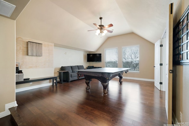 recreation room featuring billiards, ceiling fan, vaulted ceiling, and dark hardwood / wood-style floors