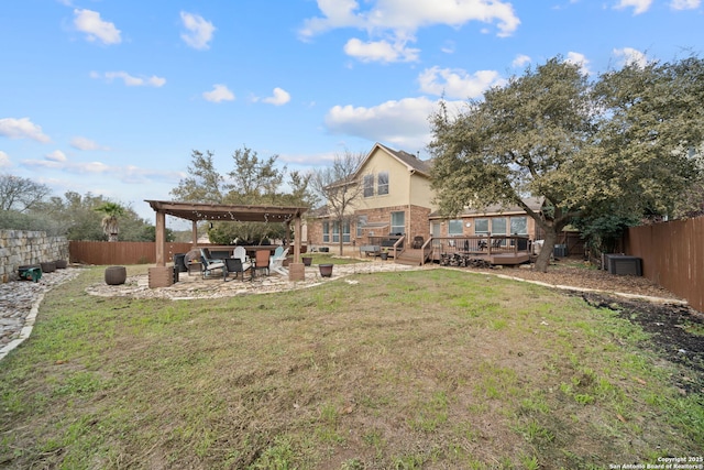 view of yard with an outdoor fire pit, a pergola, and a wooden deck