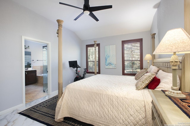 bedroom with vaulted ceiling, connected bathroom, and ceiling fan