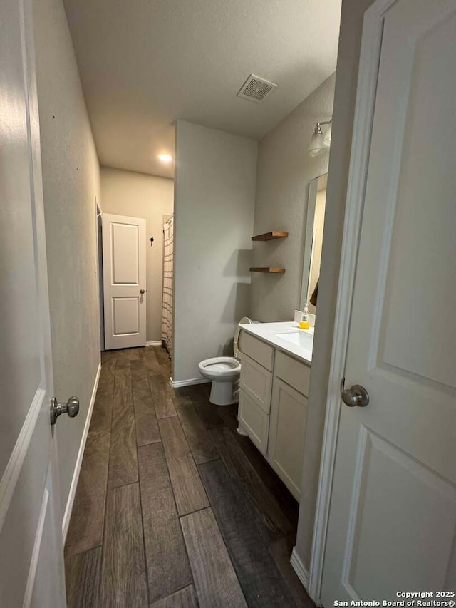 bathroom featuring toilet, vanity, and curtained shower