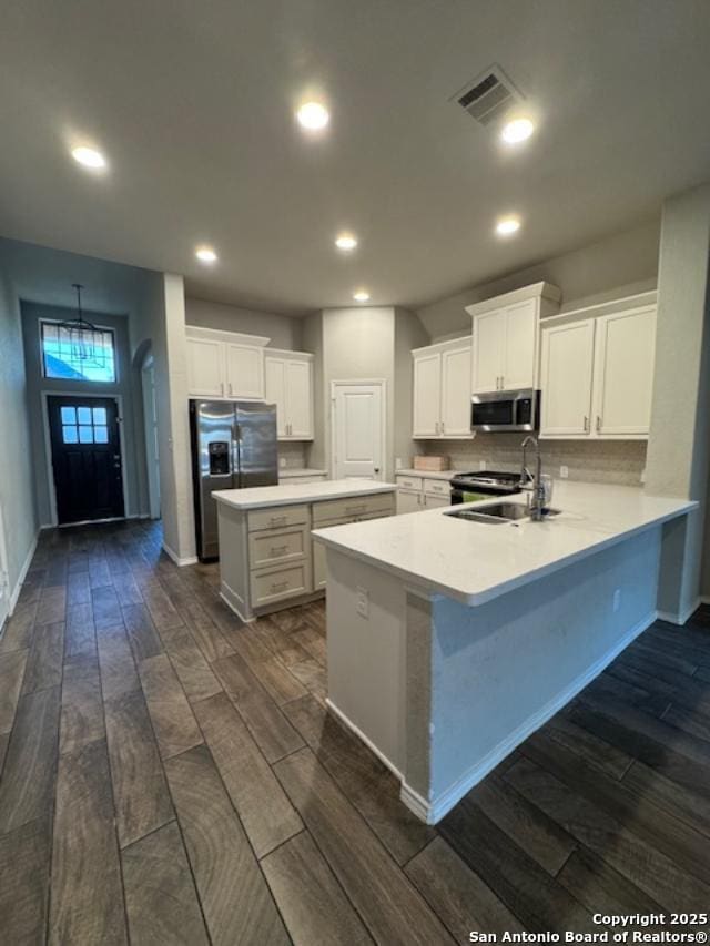 kitchen with white cabinetry, dark wood-type flooring, sink, and stainless steel appliances