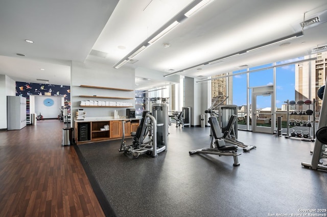 gym with expansive windows and wood-type flooring