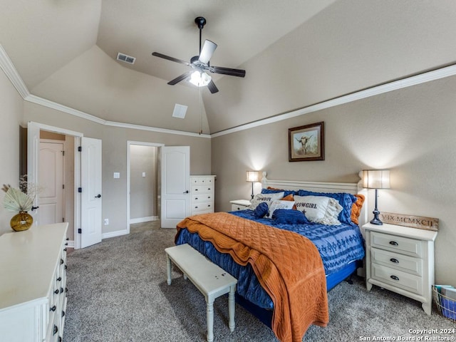 carpeted bedroom featuring ceiling fan, ornamental molding, and lofted ceiling