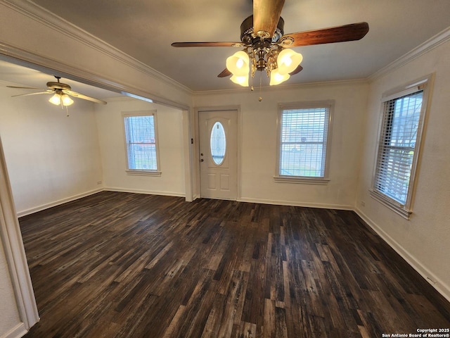 entrance foyer with ceiling fan, ornamental molding, and dark hardwood / wood-style flooring