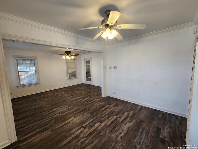 unfurnished room featuring dark wood-type flooring, ornamental molding, and ceiling fan