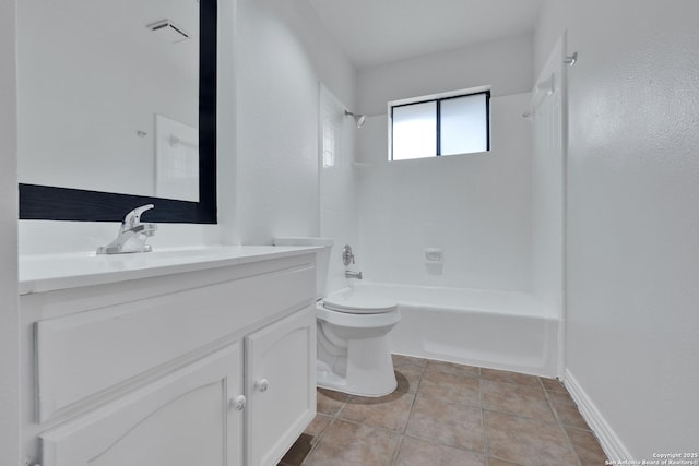 full bathroom with toilet, vanity, tub / shower combination, and tile patterned flooring