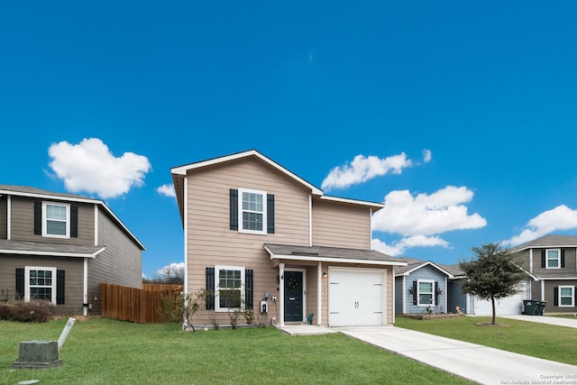 view of front property featuring a garage and a front lawn