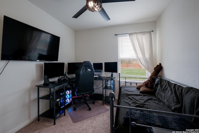 carpeted bedroom featuring ceiling fan