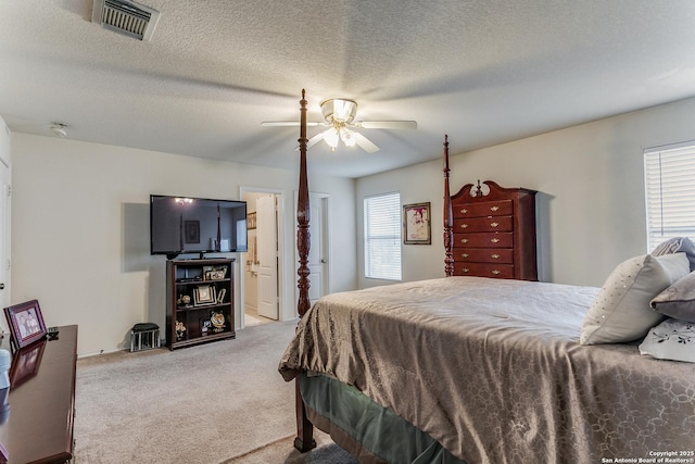 carpeted bedroom featuring ceiling fan, a textured ceiling, connected bathroom, and multiple windows