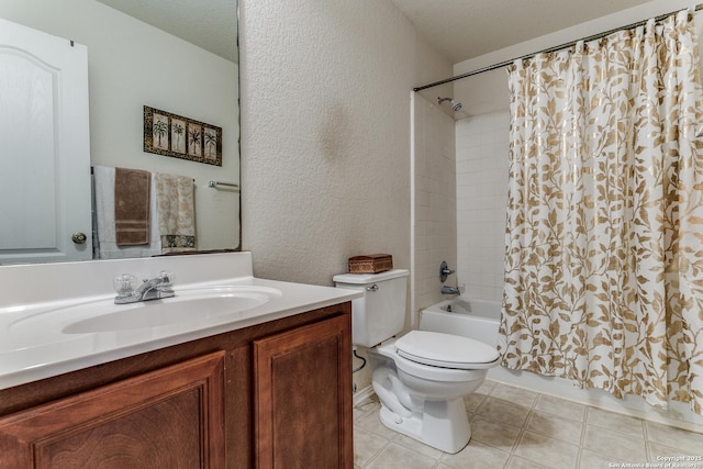 full bathroom with a textured ceiling, toilet, vanity, and shower / bath combination with curtain