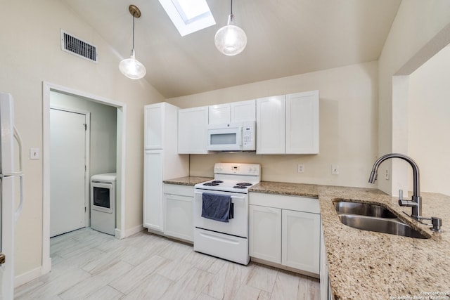 kitchen with white cabinetry, white appliances, sink, and hanging light fixtures