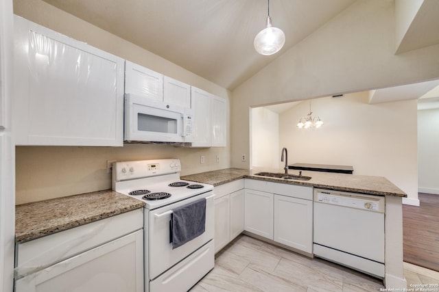 kitchen with white cabinetry, sink, white appliances, and decorative light fixtures