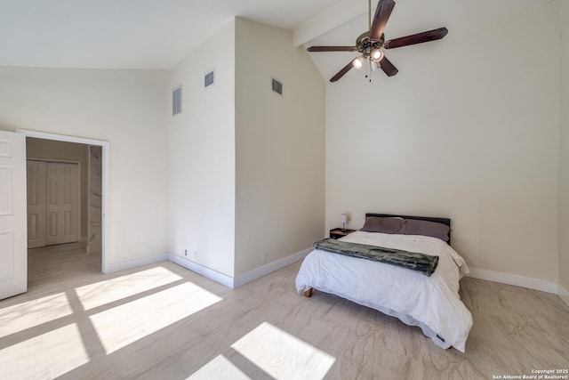 bedroom with beamed ceiling, high vaulted ceiling, and ceiling fan