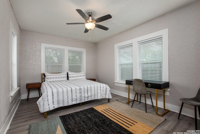 bedroom featuring ceiling fan, dark hardwood / wood-style flooring, and multiple windows