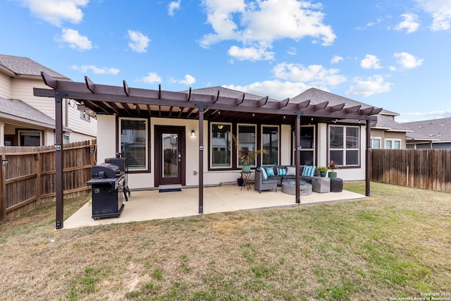 rear view of house featuring a pergola, outdoor lounge area, a yard, and a patio