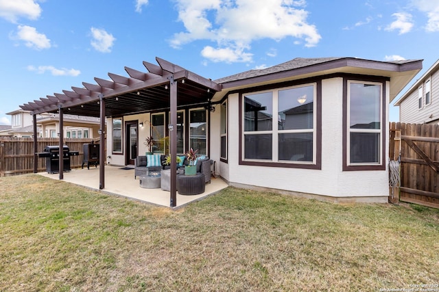 back of property featuring an outdoor hangout area, a yard, and a patio