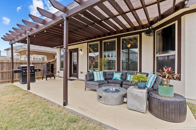 view of patio / terrace featuring an outdoor living space with a fire pit, area for grilling, and a pergola