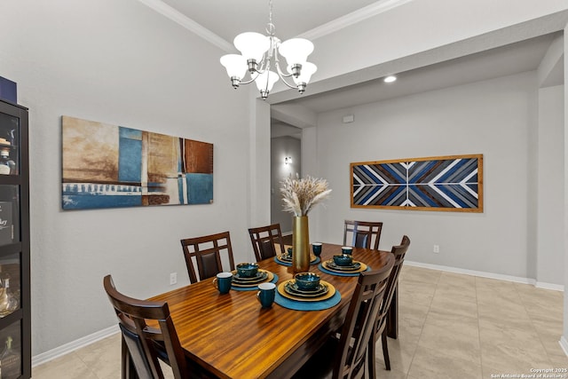 tiled dining room featuring ornamental molding and a notable chandelier