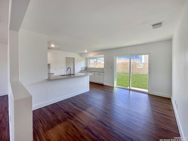 unfurnished living room featuring dark hardwood / wood-style flooring and sink