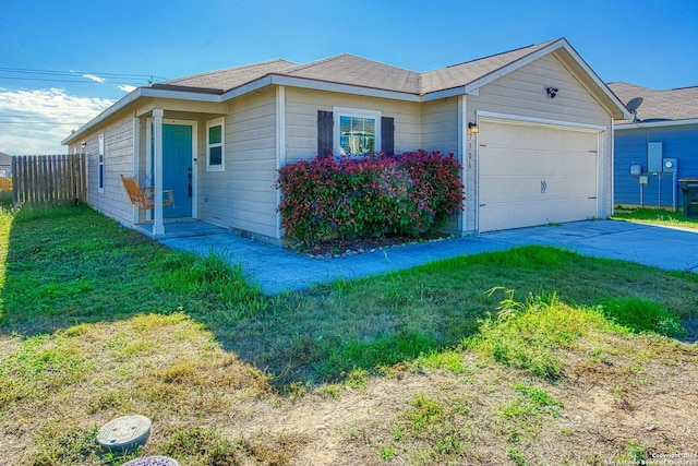 ranch-style home with a front lawn and a garage