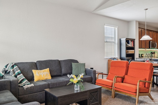 living room featuring lofted ceiling