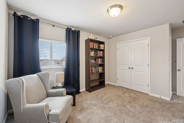 living area featuring light colored carpet and a textured ceiling