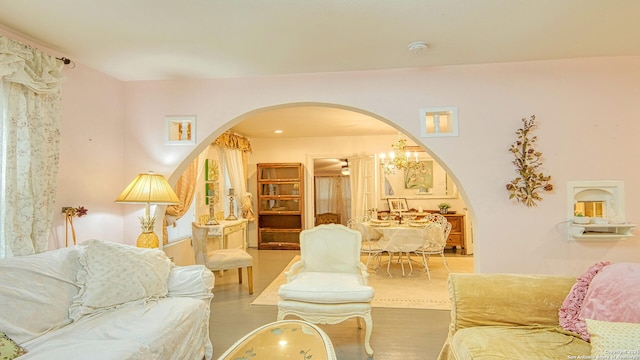 living room with a chandelier