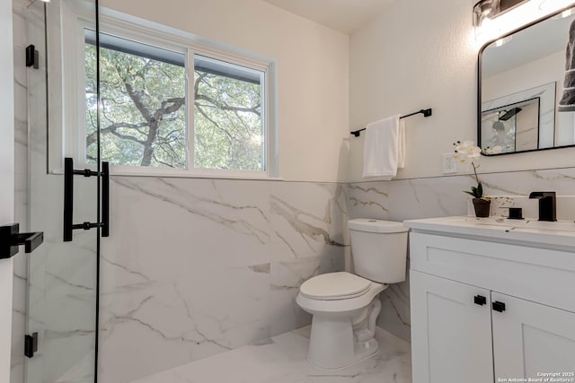 bathroom featuring toilet, vanity, tile walls, and tiled shower