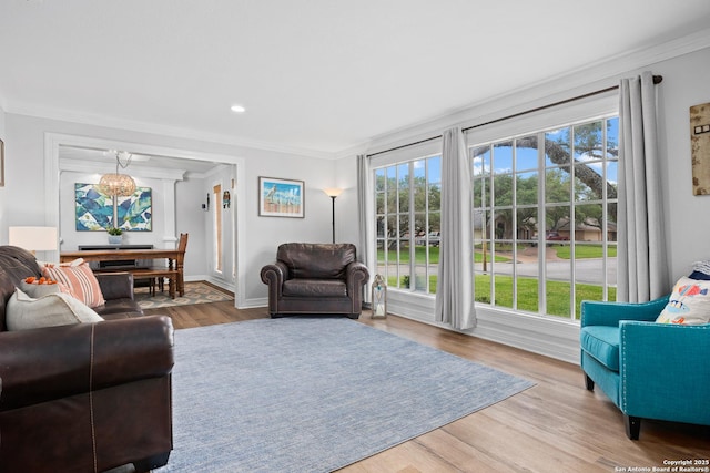 living room with light wood-type flooring, crown molding, and a chandelier