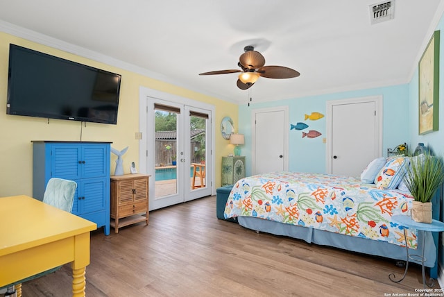 bedroom featuring access to outside, ceiling fan, crown molding, and hardwood / wood-style flooring