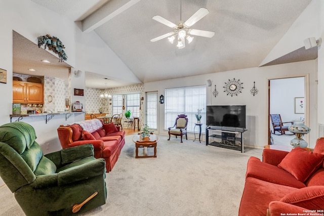 living room with light carpet, vaulted ceiling with beams, ceiling fan with notable chandelier, and a textured ceiling