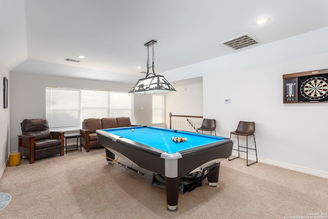 recreation room with billiards, light carpet, and lofted ceiling