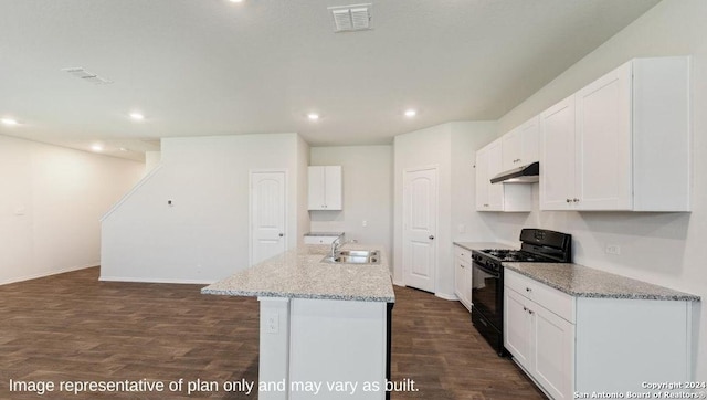 kitchen with dark hardwood / wood-style floors, a center island with sink, sink, white cabinetry, and black gas range oven