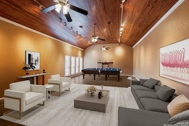 rec room featuring wood ceiling, pool table, rail lighting, ornamental molding, and high vaulted ceiling