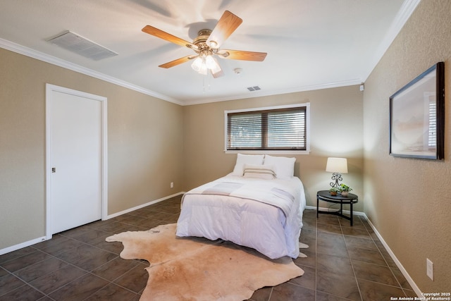 bedroom with ceiling fan and ornamental molding